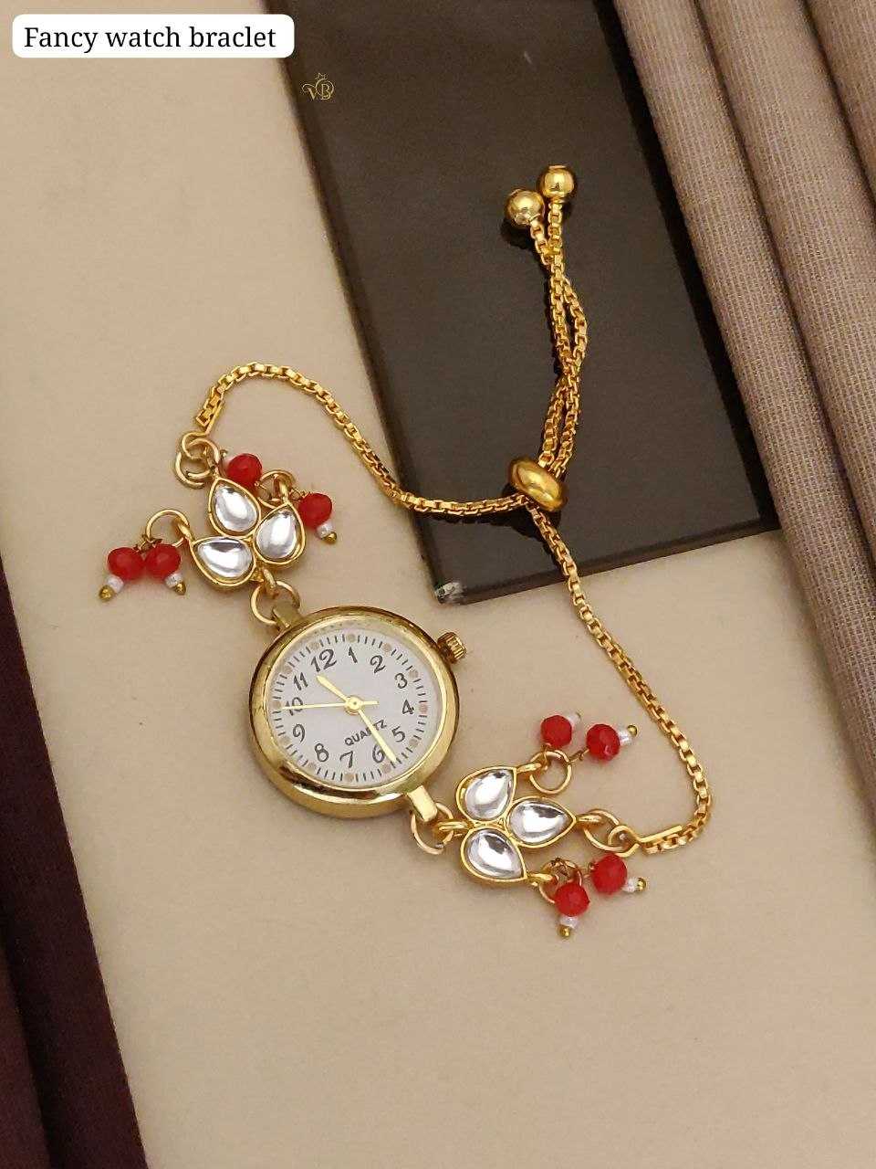 Sliding Chain Bracelet Watch with Kundan and Red Stone Charms