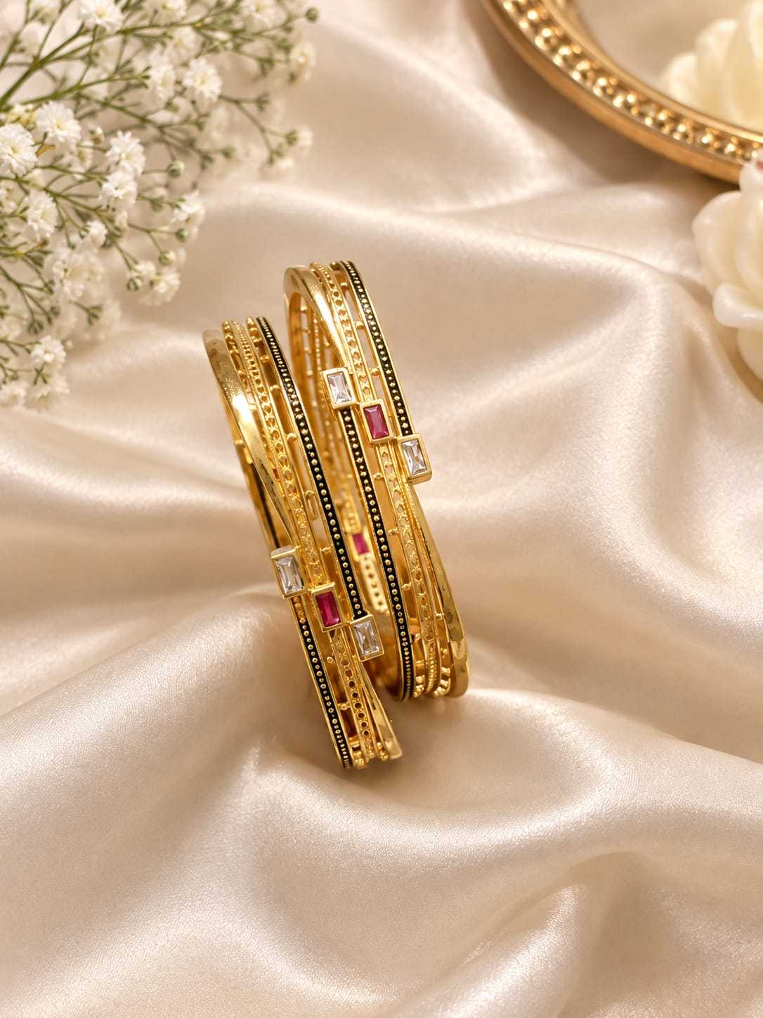 Slim Gold-Tone Bangle Set with Baguette White and Ruby Stones
