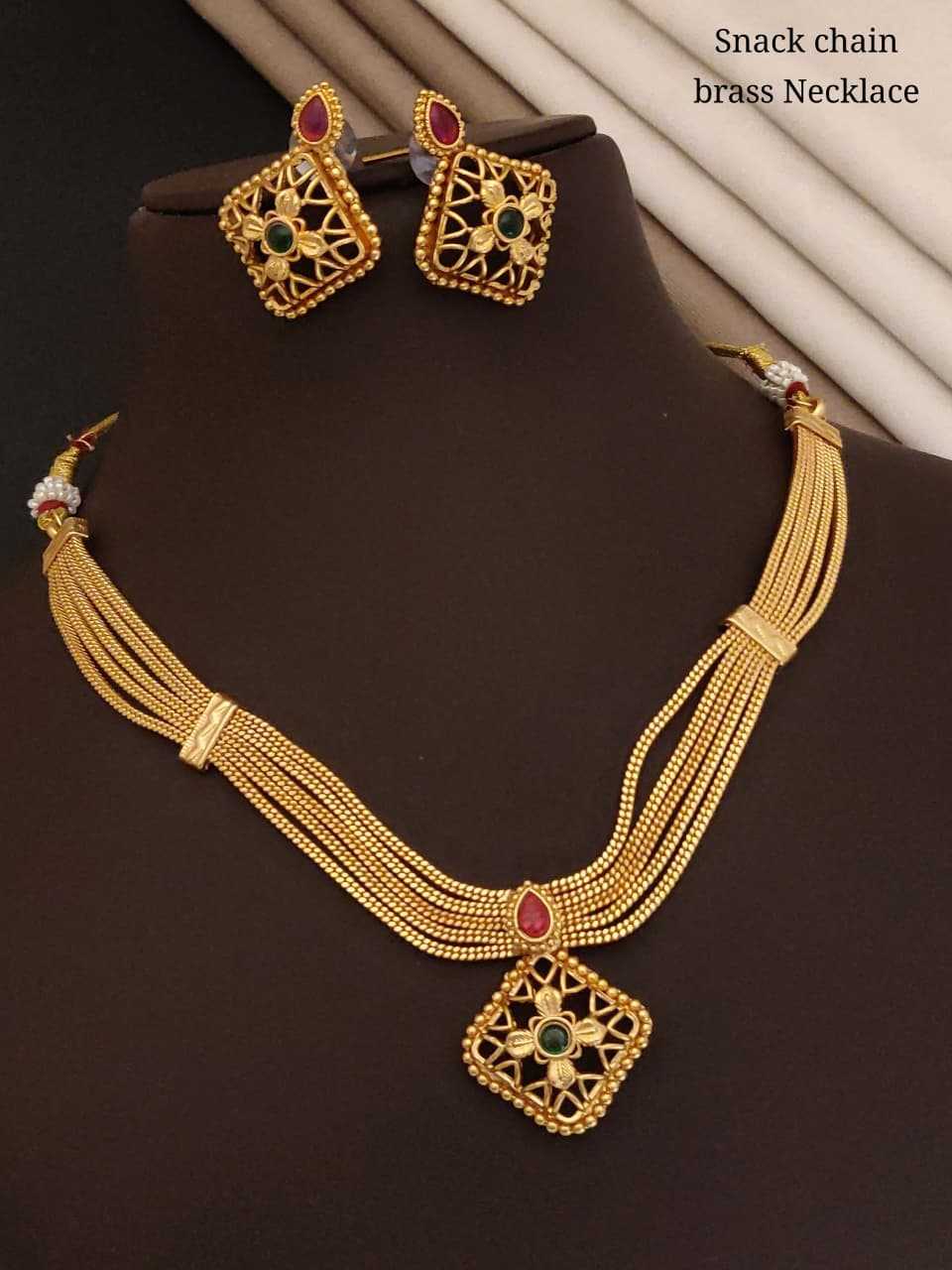 Snake Chain Brass Necklace Set with Jaali Drops and Earrings