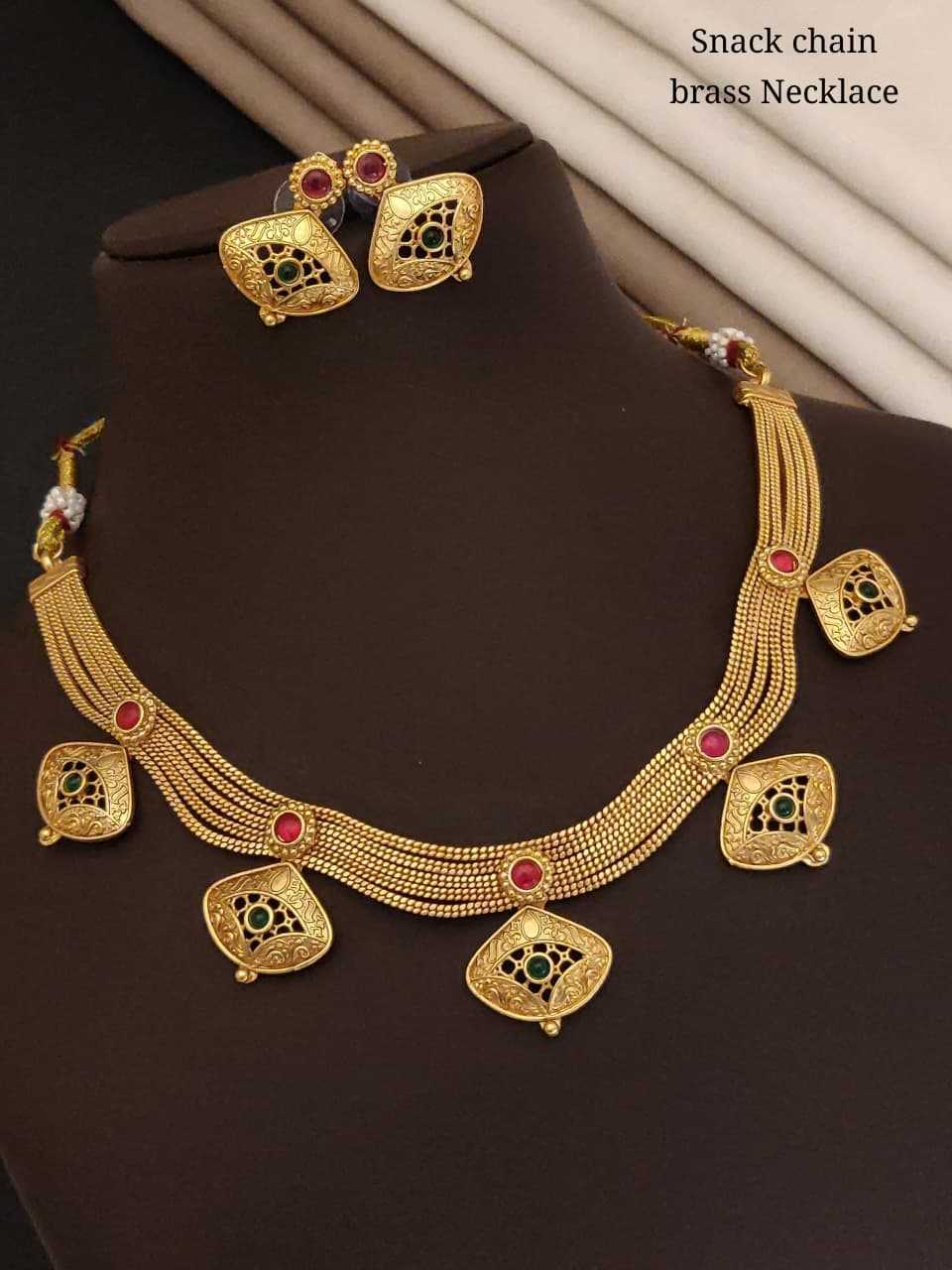 Snake Chain Brass Necklace Set with Jaali Drops and Earrings