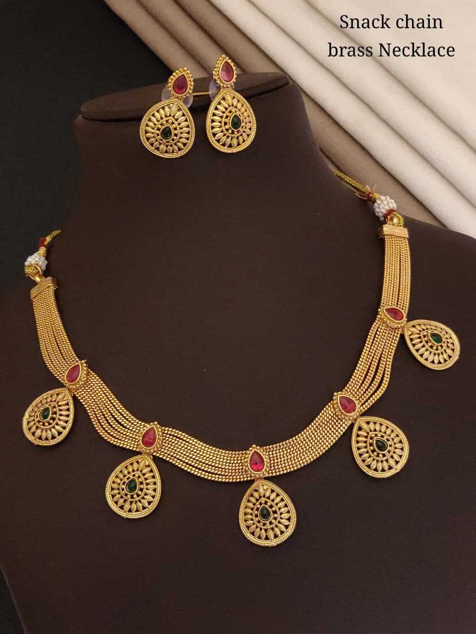 Snake Chain Brass Necklace Set with Jaali Drops and Earrings