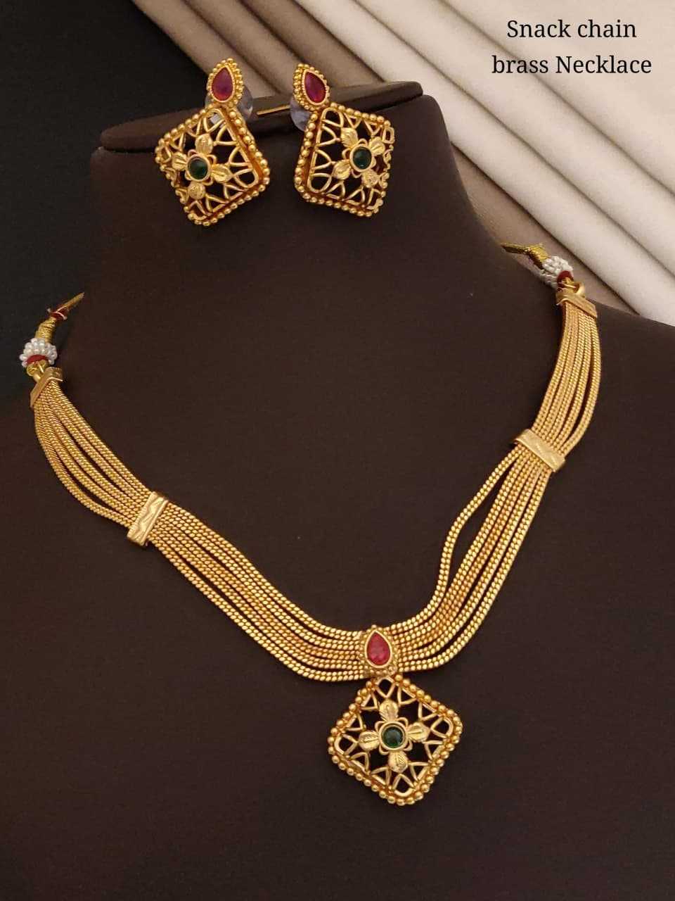 Snake Chain Brass Necklace Set with Jaali Drops and Earrings