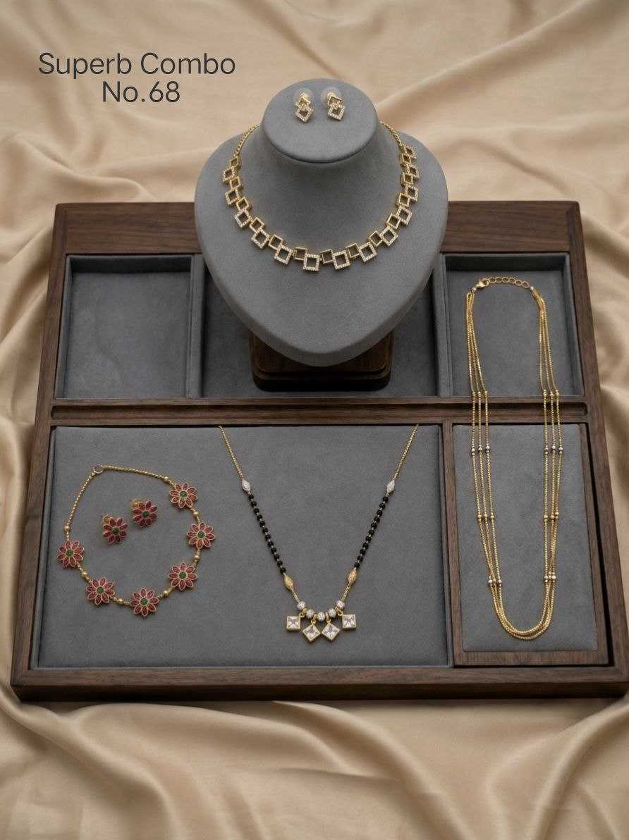 Square AD Necklace Combo with Ruby Flower Set and Layered Chain