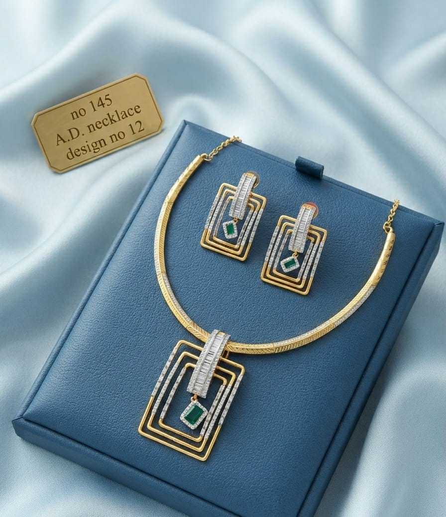 Square Frame Green Stone AD Hasli Necklace Set with Earrings