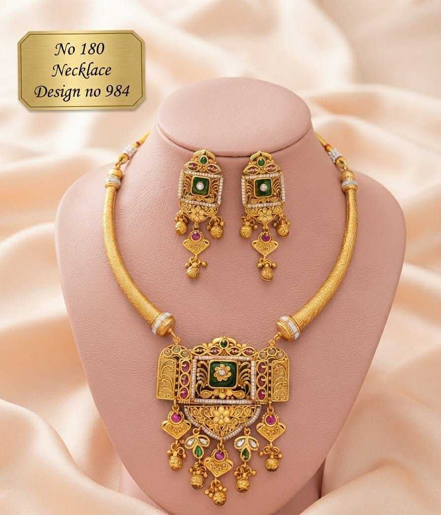 Square Green Enamel Plaque Hasli Necklace Set