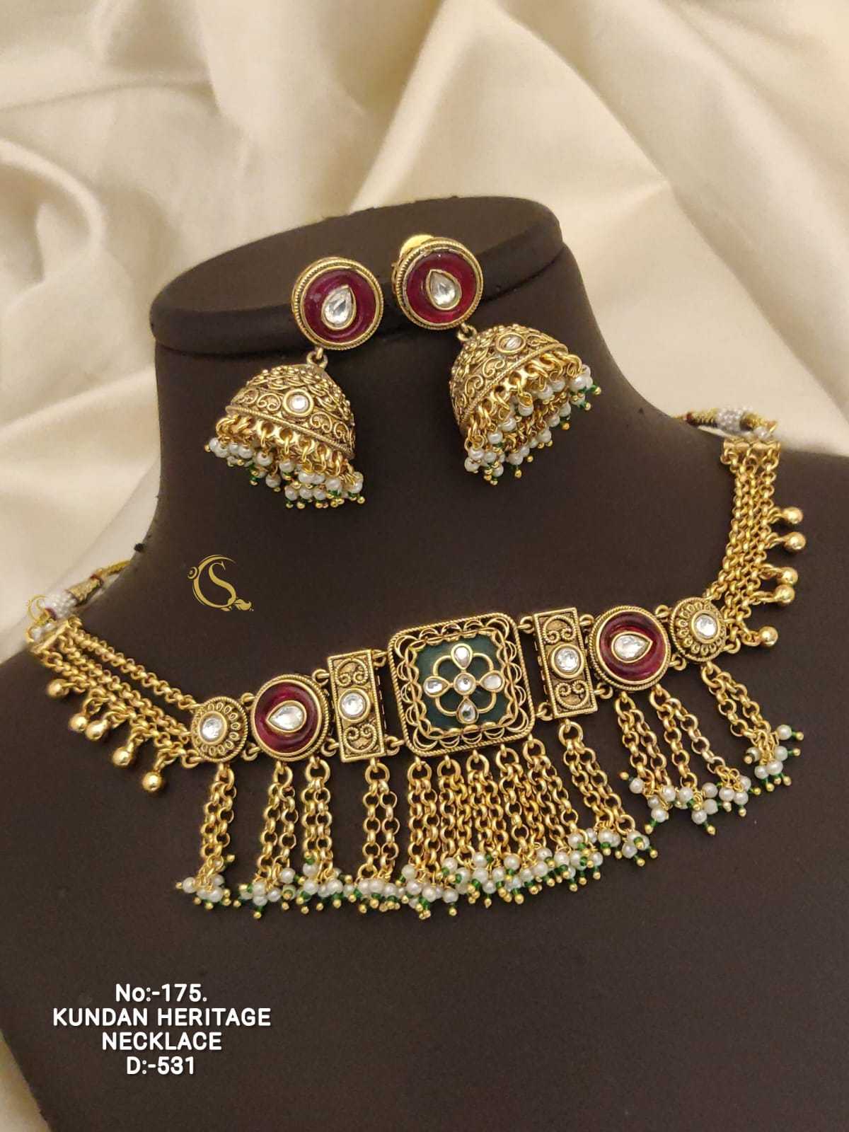 Square Kundan Choker with Pearl Fringe and Maroon Jhumkas