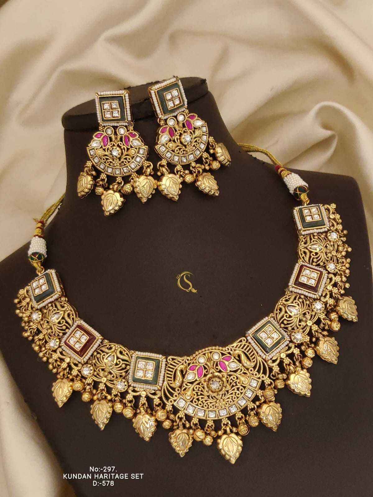 Square Kundan Panel Necklace Set with Gold Leaf Drops