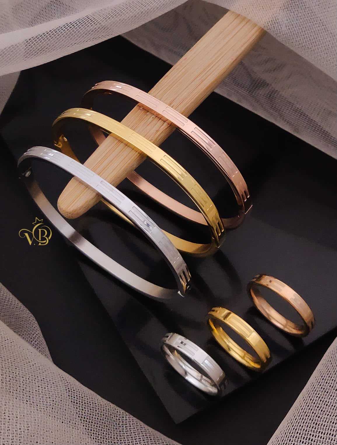 Stainless Steel Bangle & Ring Set in Three Finishes