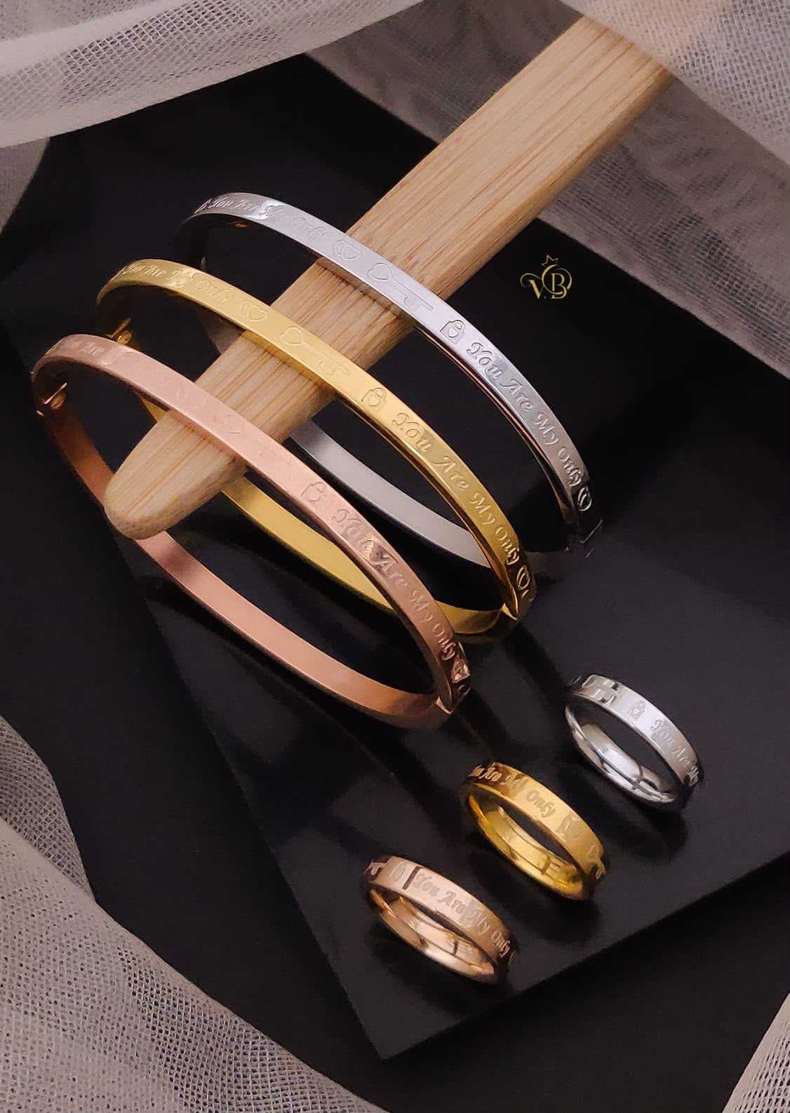 Stainless Steel Bangle & Ring Set in Three Finishes