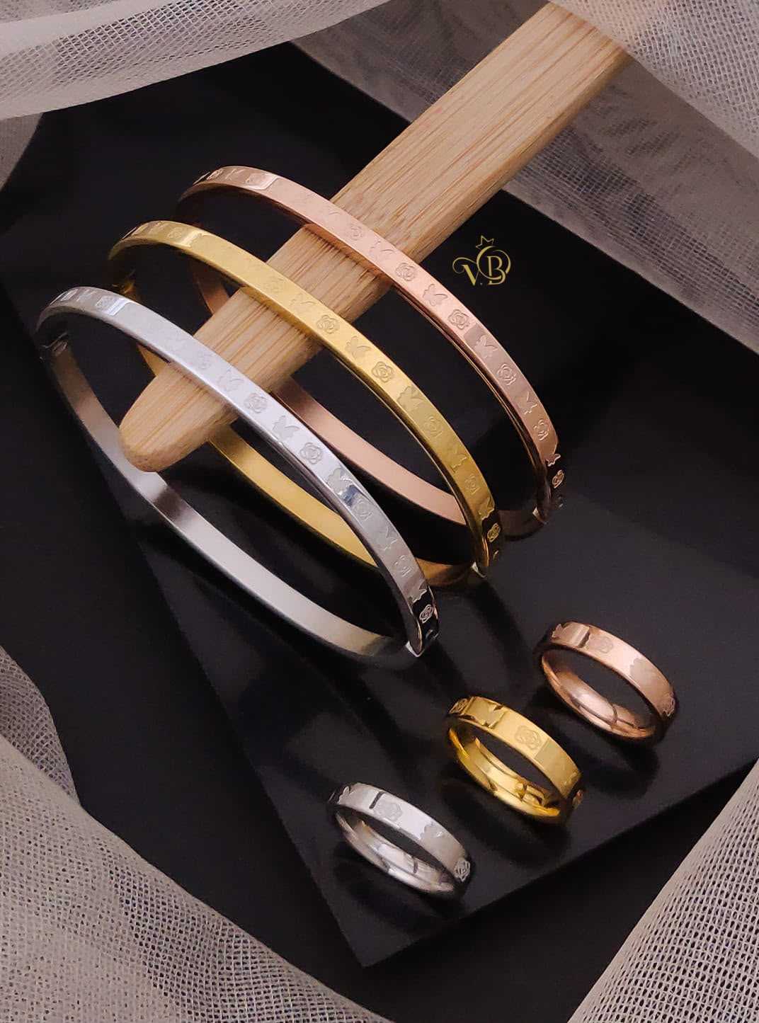 Stainless Steel Bangle & Ring Set in Three Finishes
