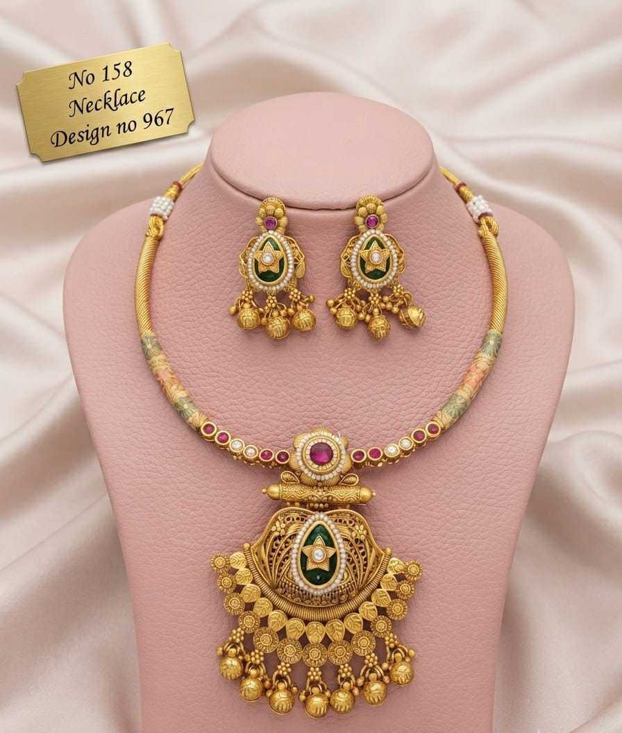 Star Kundan Green Enamel Filigree Hasli Necklace Set