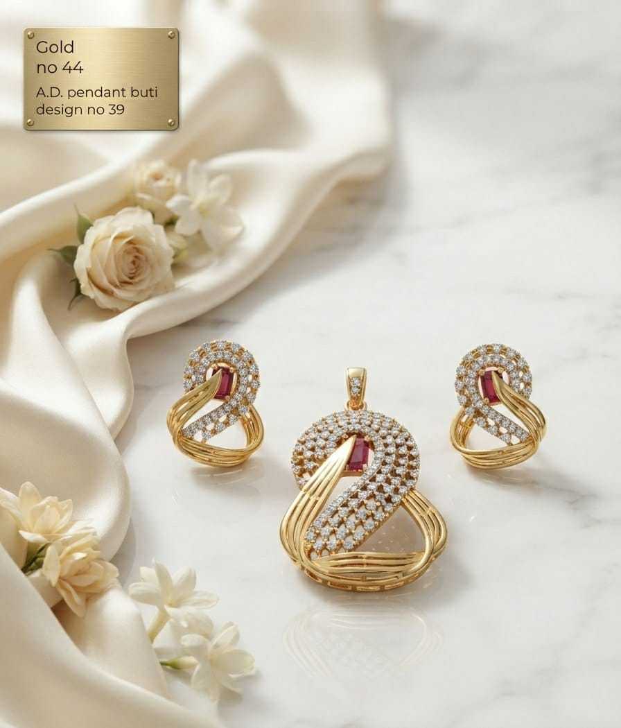 Swirl and Fan AD Pendant Set with Ruby, Green or Blue Stones