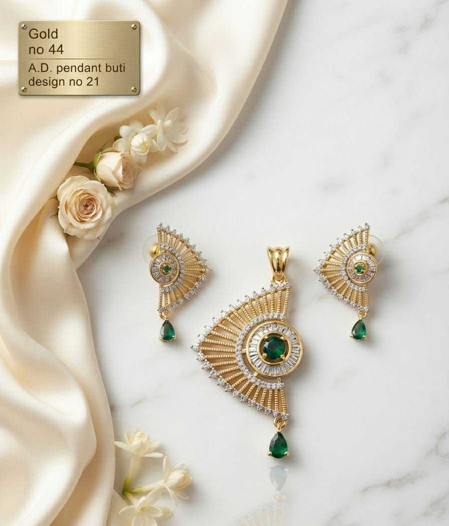 Swirl and Fan AD Pendant Set with Ruby, Green or Blue Stones