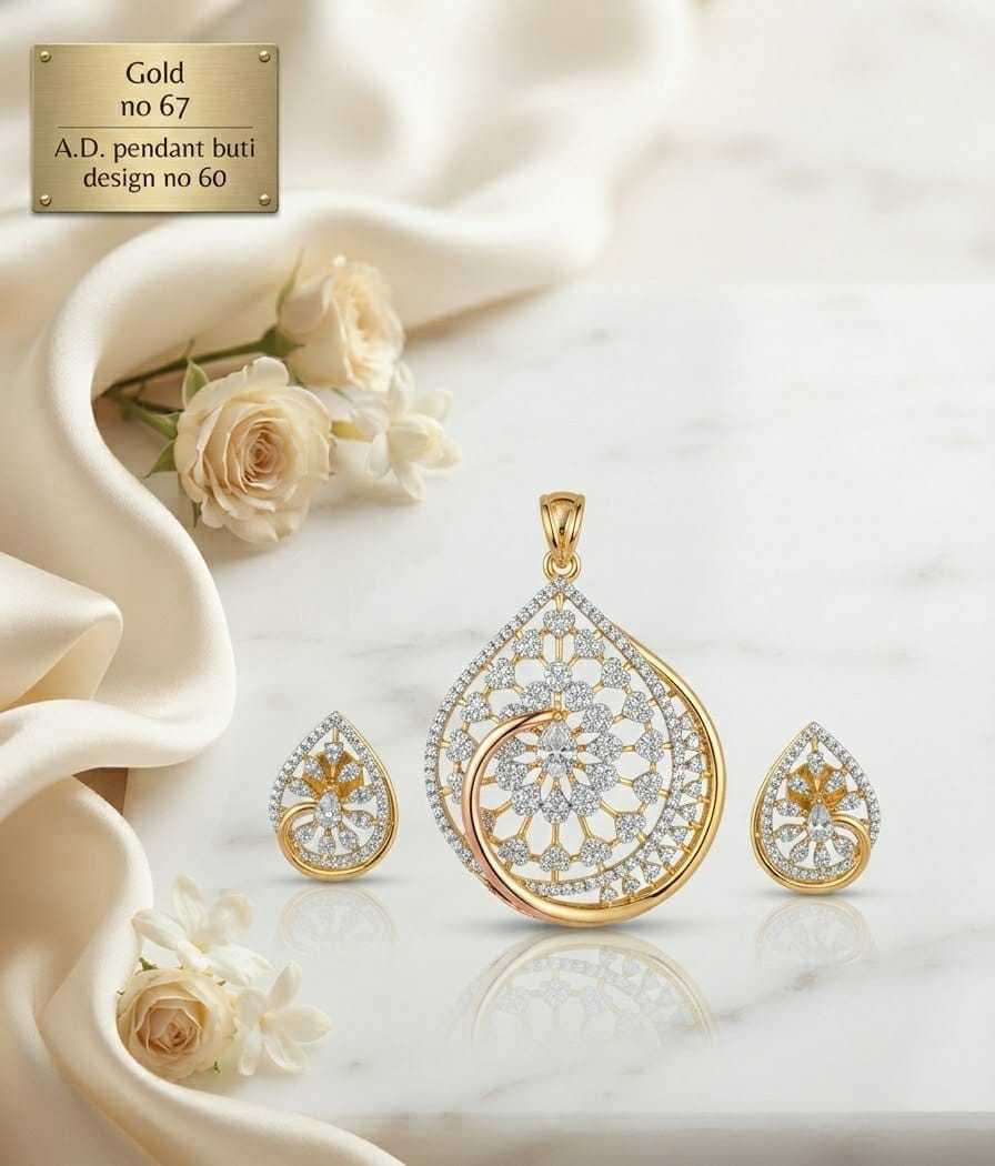Teardrop Jaali AD Pendant Set with Gold Swirl and Stud Earrings