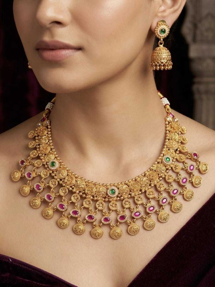 Temple Coin Fringe Choker with Jhumkas