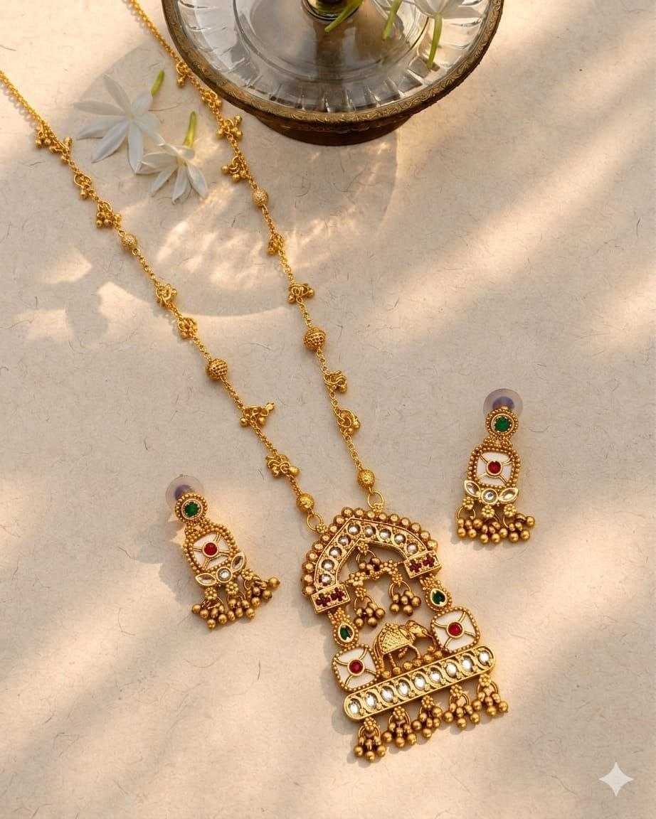 Temple Elephant Pendant Long Chain Set