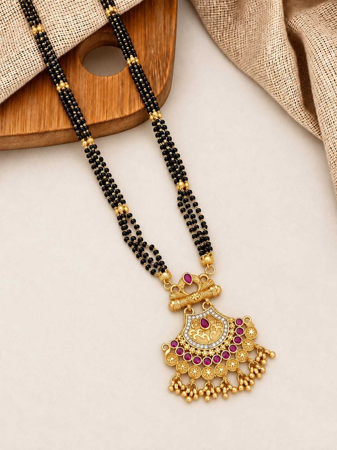 Temple Fan Pendant Long Mangalsutra with Gold Bead Fringe