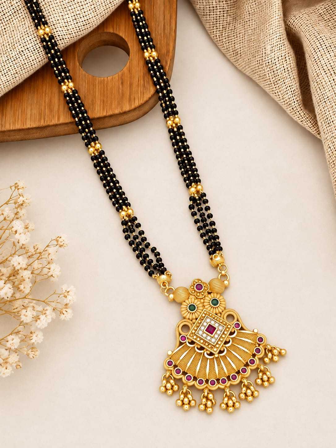 Temple Fan Pendant Long Mangalsutra with Gold Bead Fringe