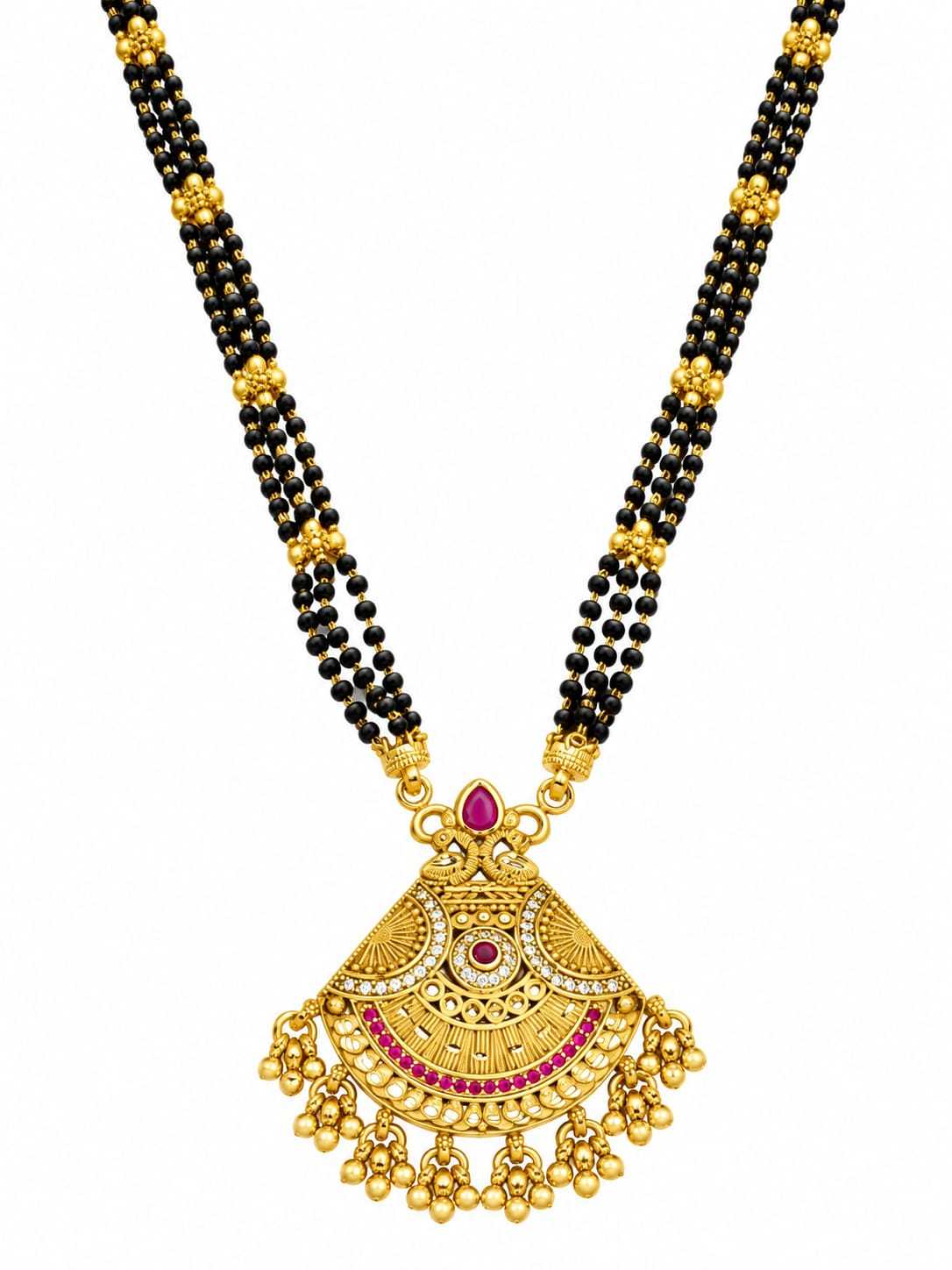 Temple Fan Pendant Long Mangalsutra with Gold Bead Fringe