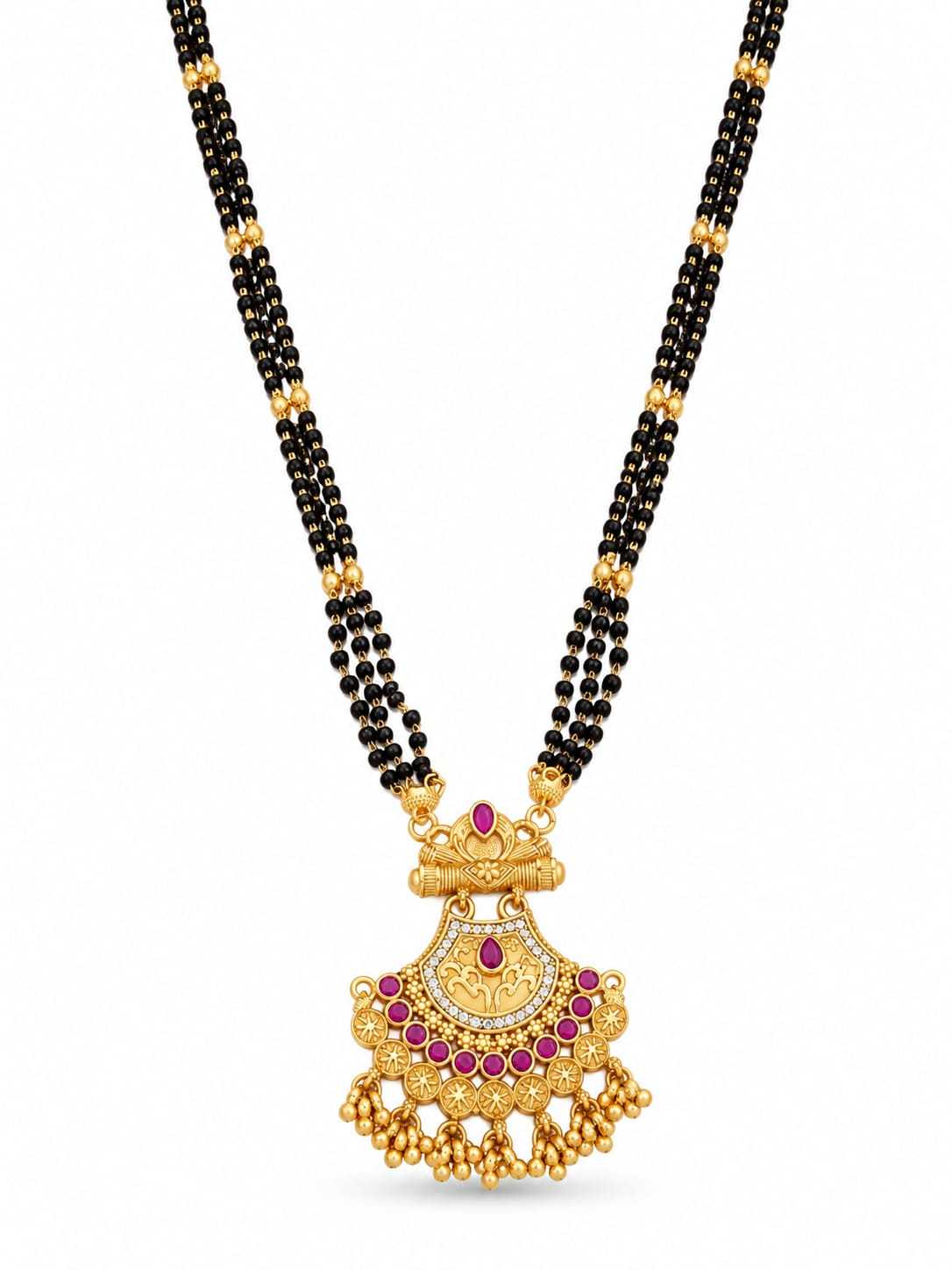 Temple Fan Pendant Long Mangalsutra with Gold Bead Fringe