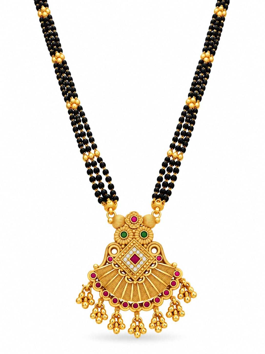 Temple Fan Pendant Long Mangalsutra with Gold Bead Fringe