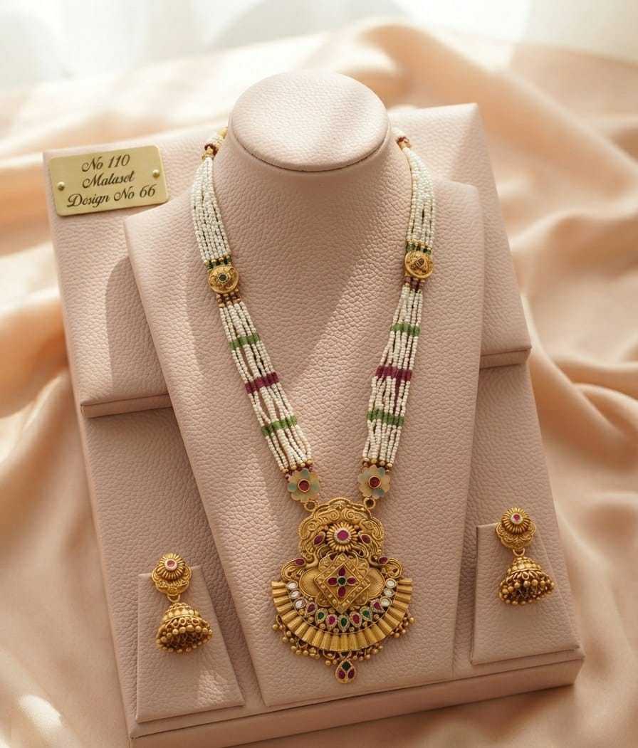 Temple Pendant Pearl Mala Set with Ruby-Green Bands and Jhumkas