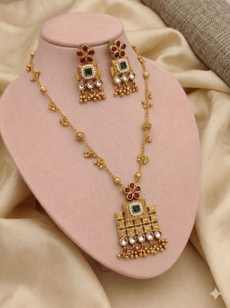 Temple-Style Long Necklace with Red & Green Stones