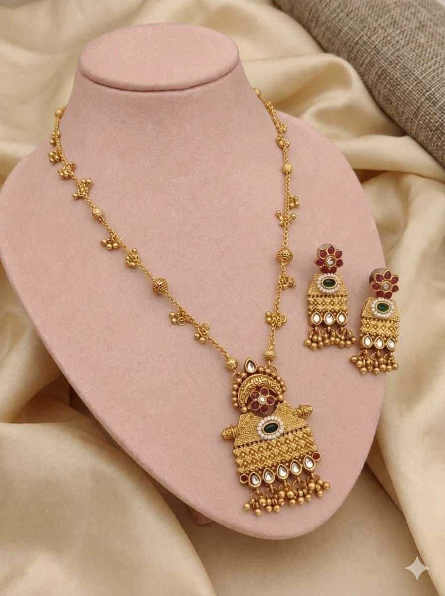Temple-Style Long Necklace with Red & Green Stones