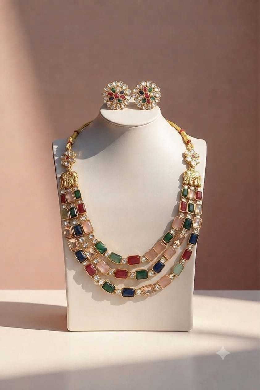 Three Layer Multicolour Necklace with Elephant Motifs