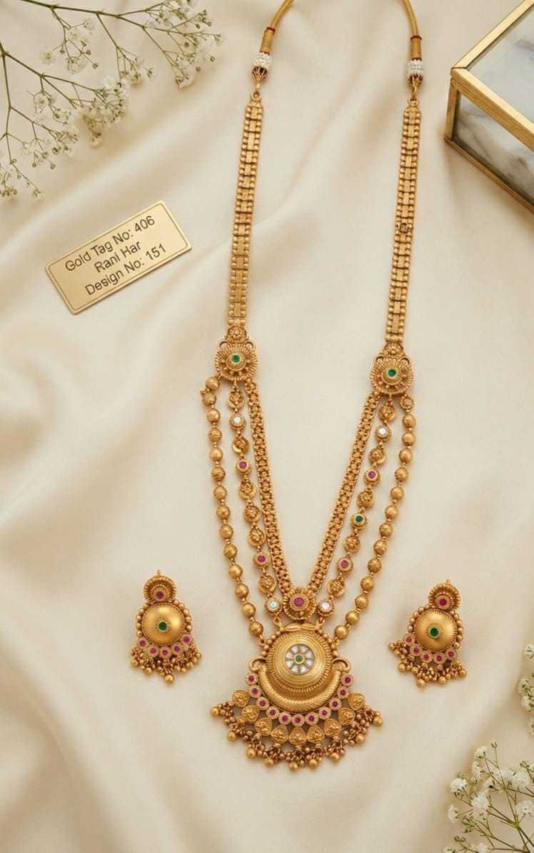 Three-Strand Gold Bead Rani Haar with Domed Pendant and Earrings