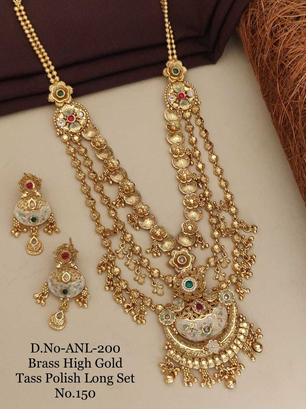 Three-Strand Long Necklace Set with White Enamel Crescent Pendant