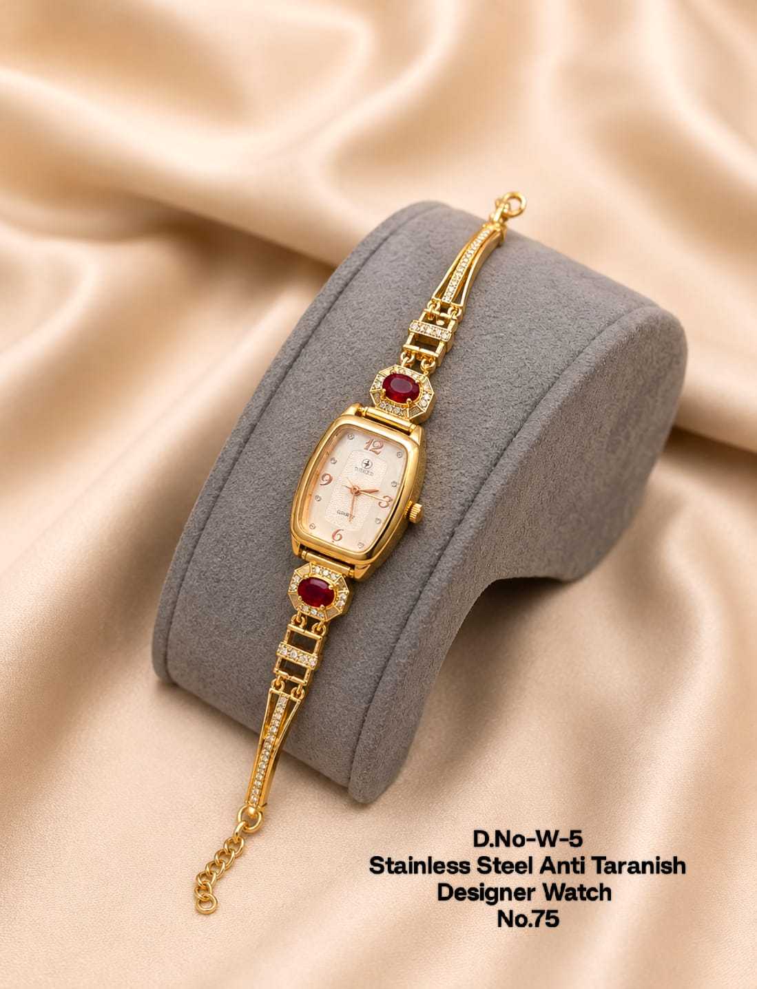 Tonneau Dial Gold-Tone Watch with Ruby and Crystal Accents