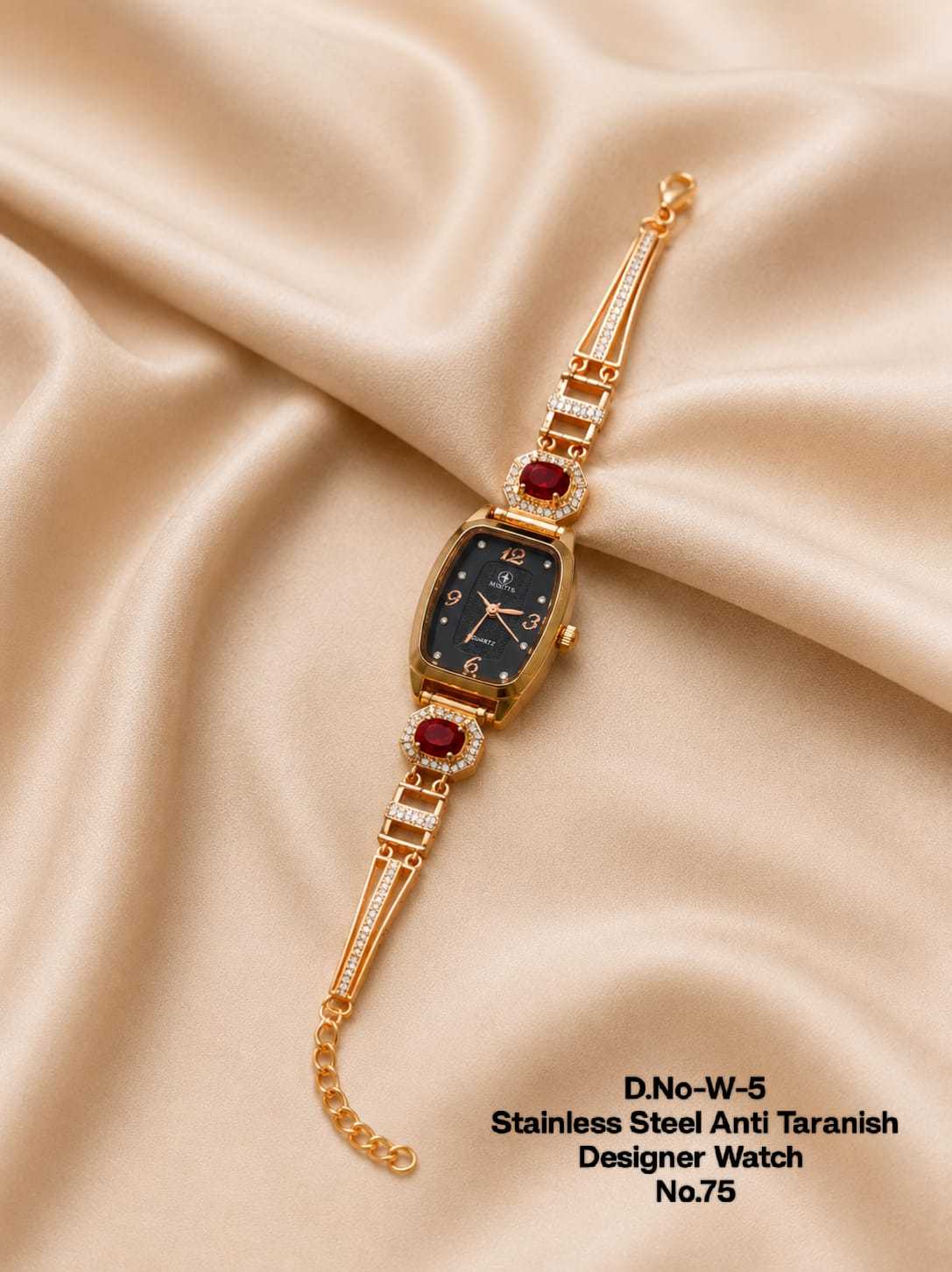 Tonneau Dial Gold-Tone Watch with Ruby and Crystal Accents