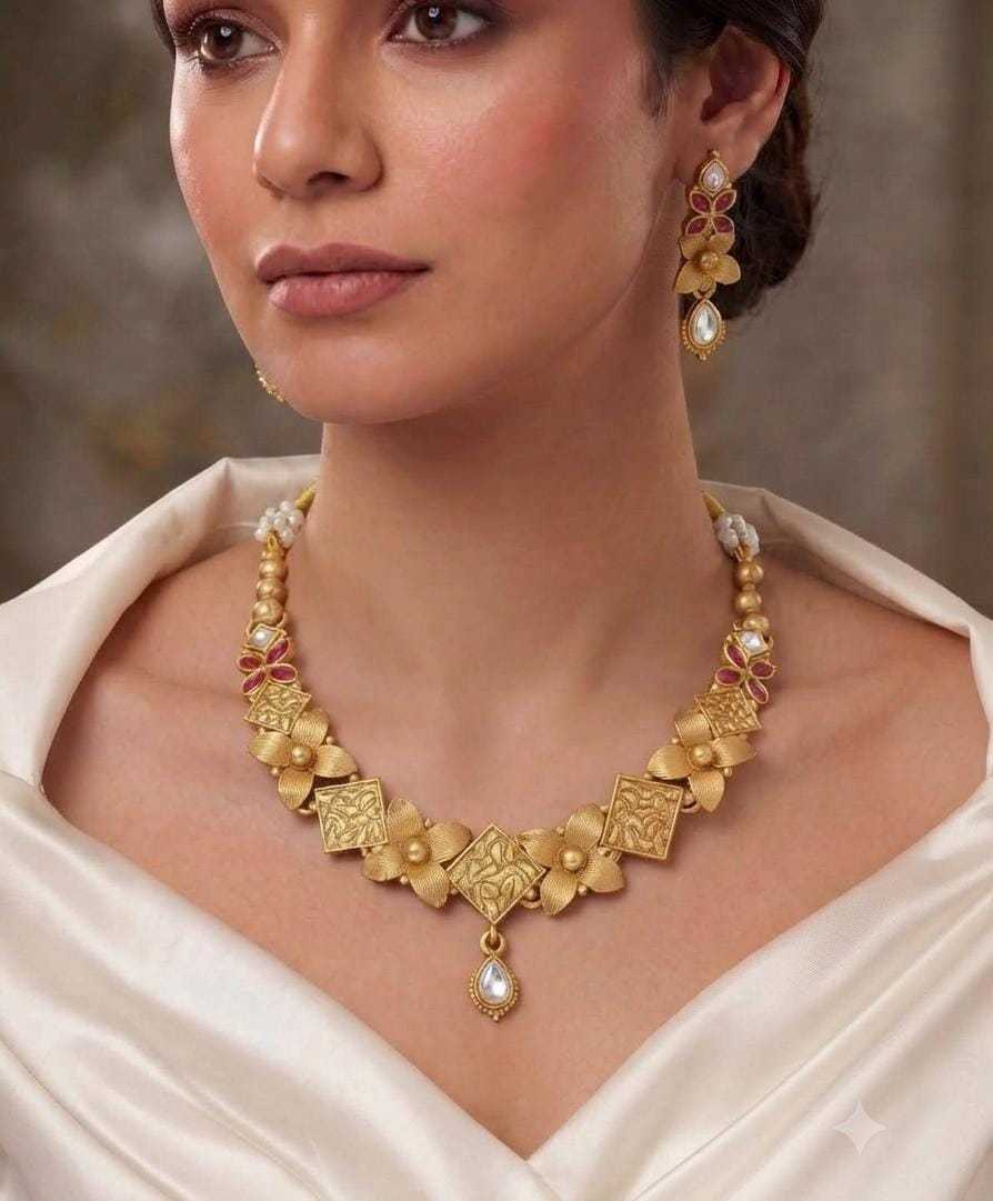 Traditional Gold Floral Choker with Earrings