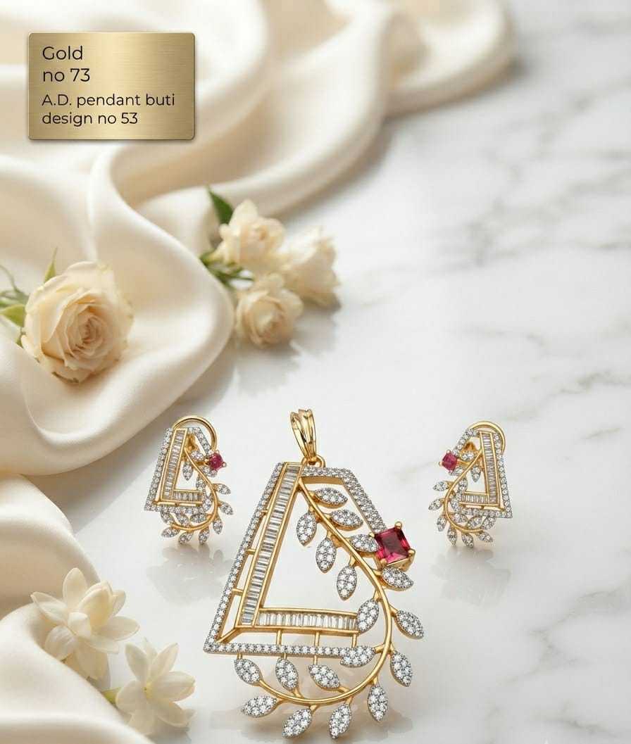 Triangle Leaf Vine AD Pendant Set with Red Stone Accent