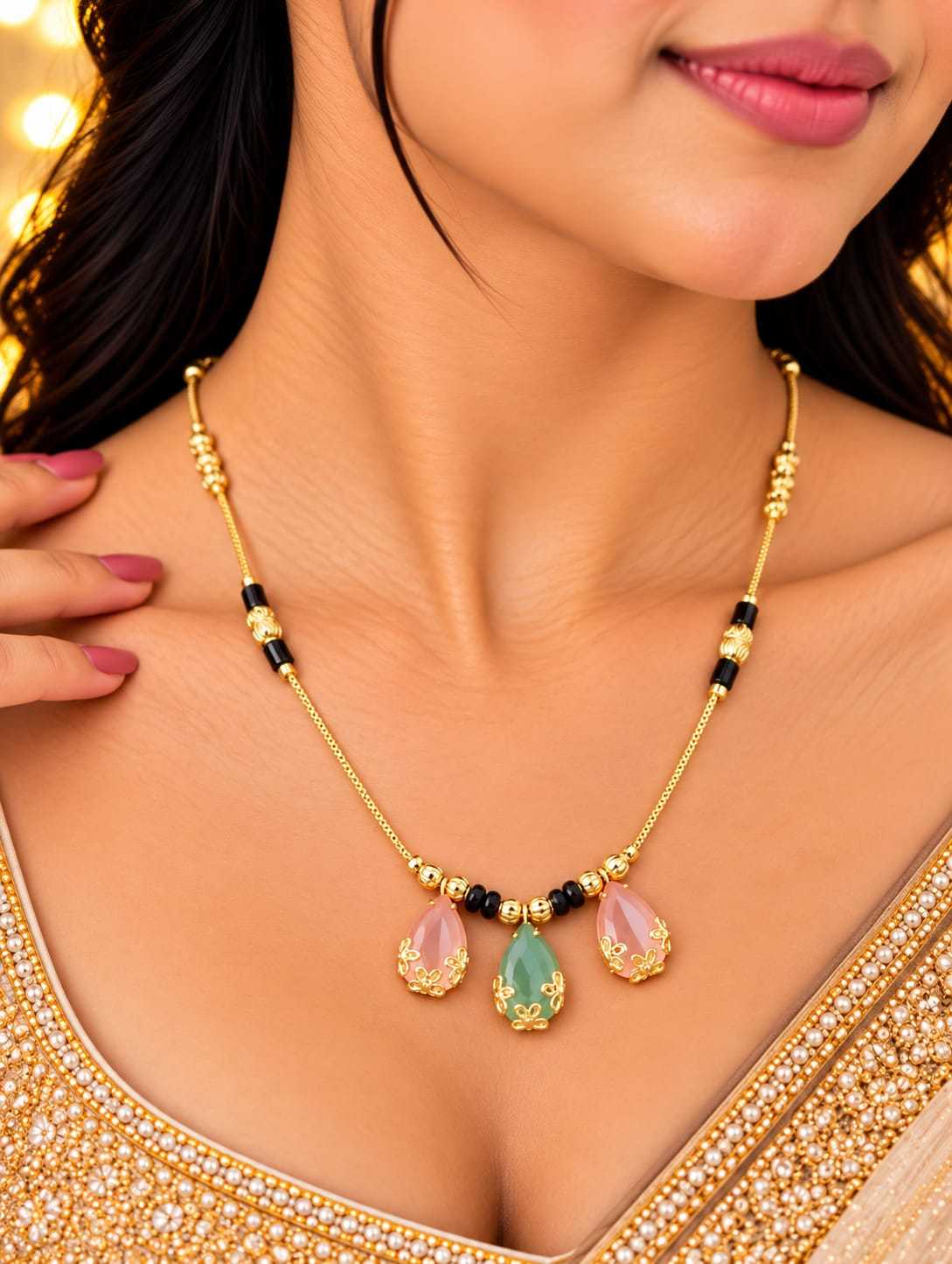 Triple Teardrop Crystal Mangalsutra in Pink and Green
