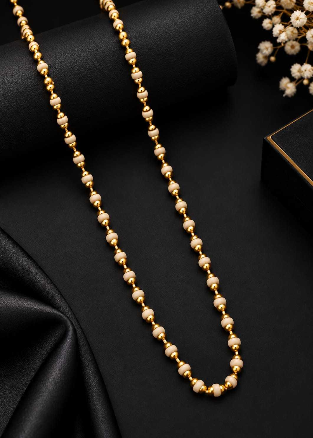 Tulsi Style Gold Bead Mala with Cream Beads