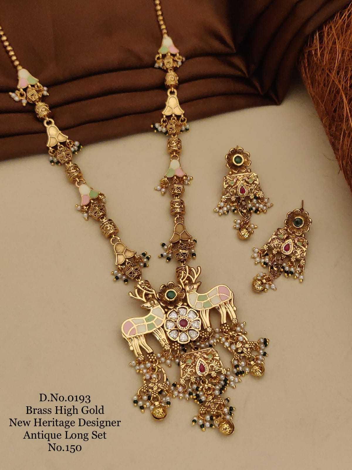 Twin Deer Pendant Antique Long Set with Meenakari Detail