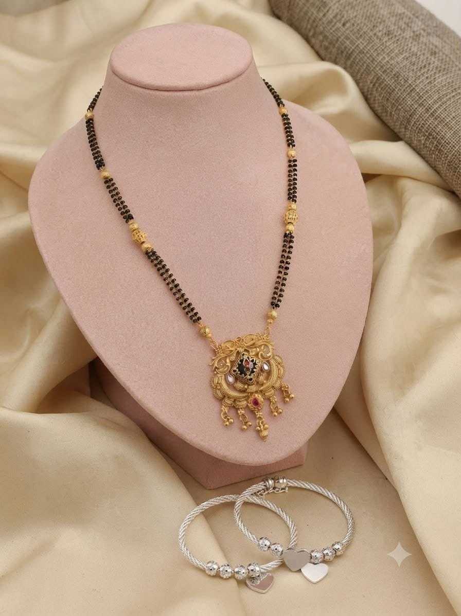 Twin Strand Black Bead Mangalsutra with Swirl Stone Pendant