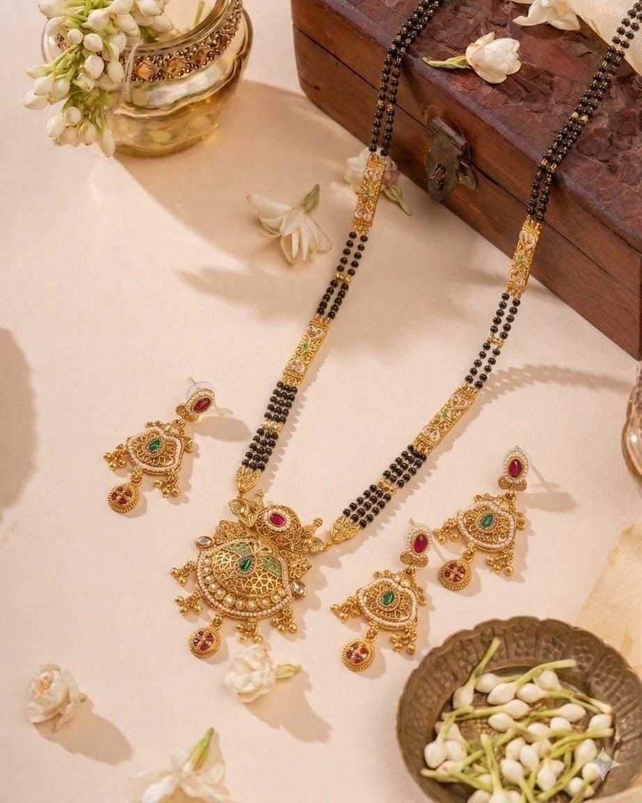 Twin Strand Rajwadi Long Mangalsutra Set with Carved Bar Stations