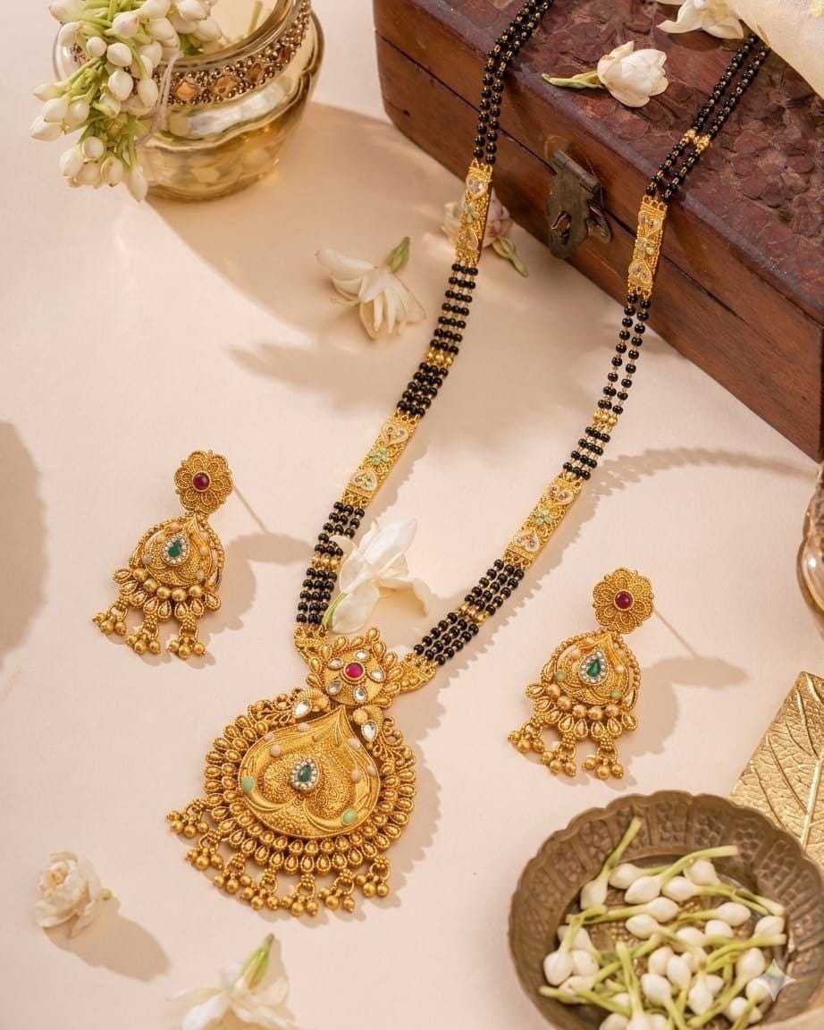Twin Strand Rajwadi Long Mangalsutra Set with Carved Bar Stations