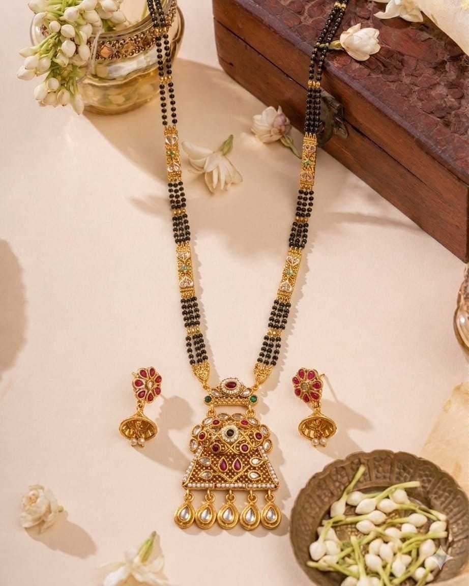 Twin Strand Rajwadi Long Mangalsutra Set with Carved Bar Stations