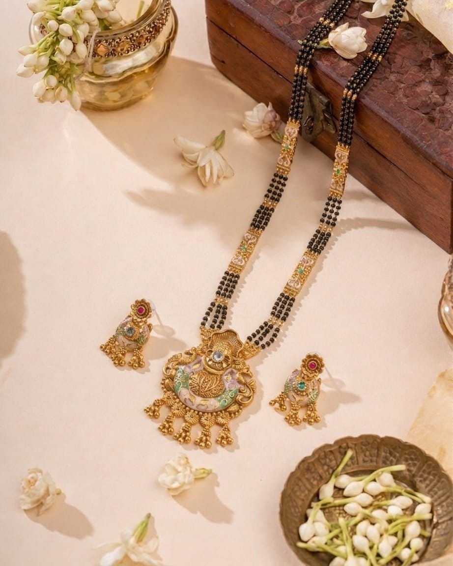 Twin Strand Rajwadi Long Mangalsutra Set with Carved Bar Stations