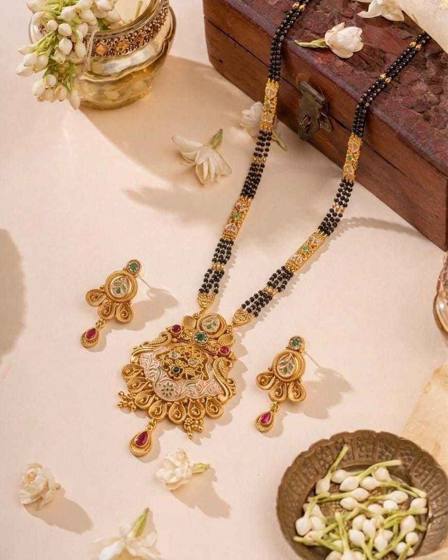 Twin Strand Rajwadi Long Mangalsutra Set with Carved Bar Stations