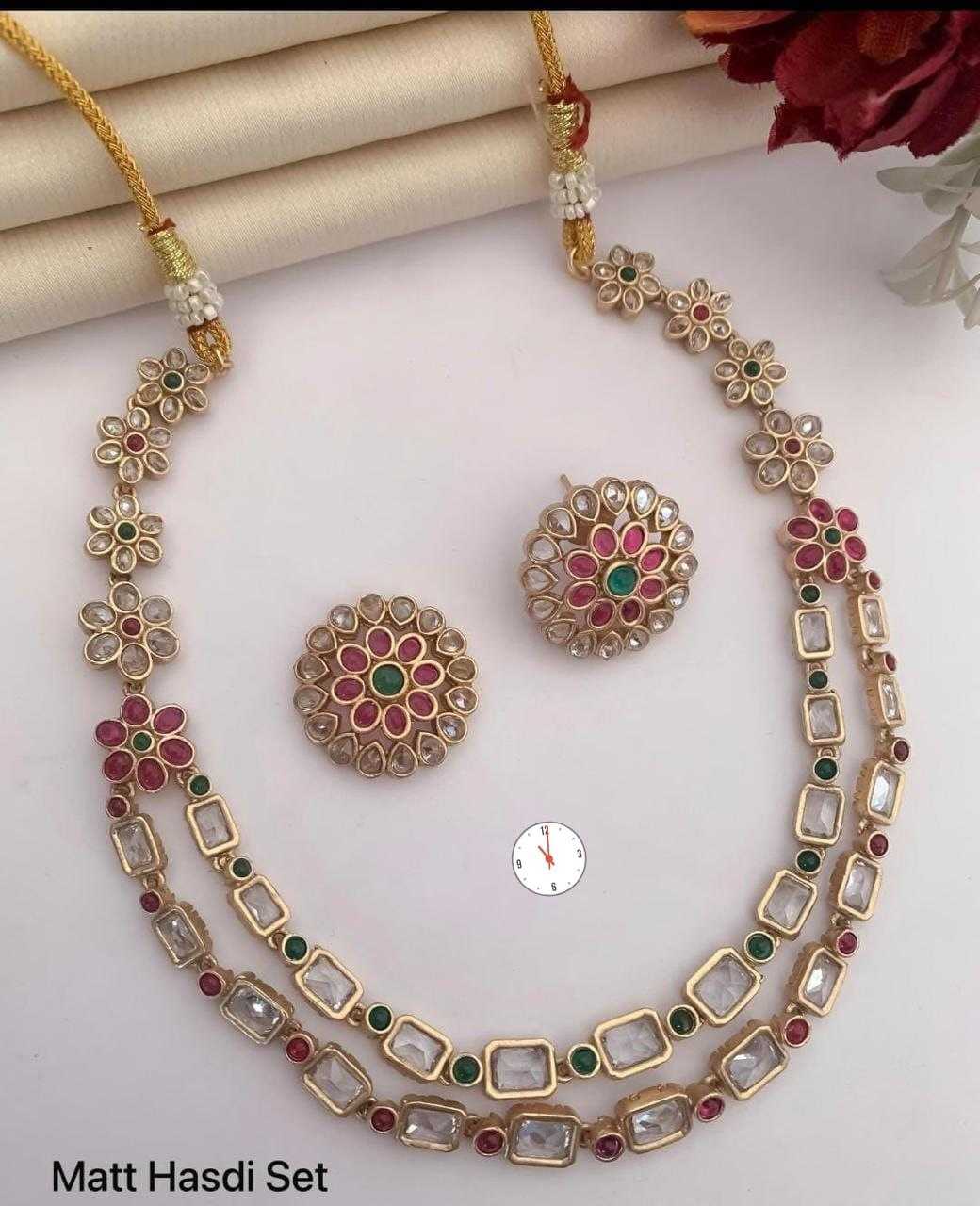 Two Layer Matte Gold Floral Necklace & Stud Set