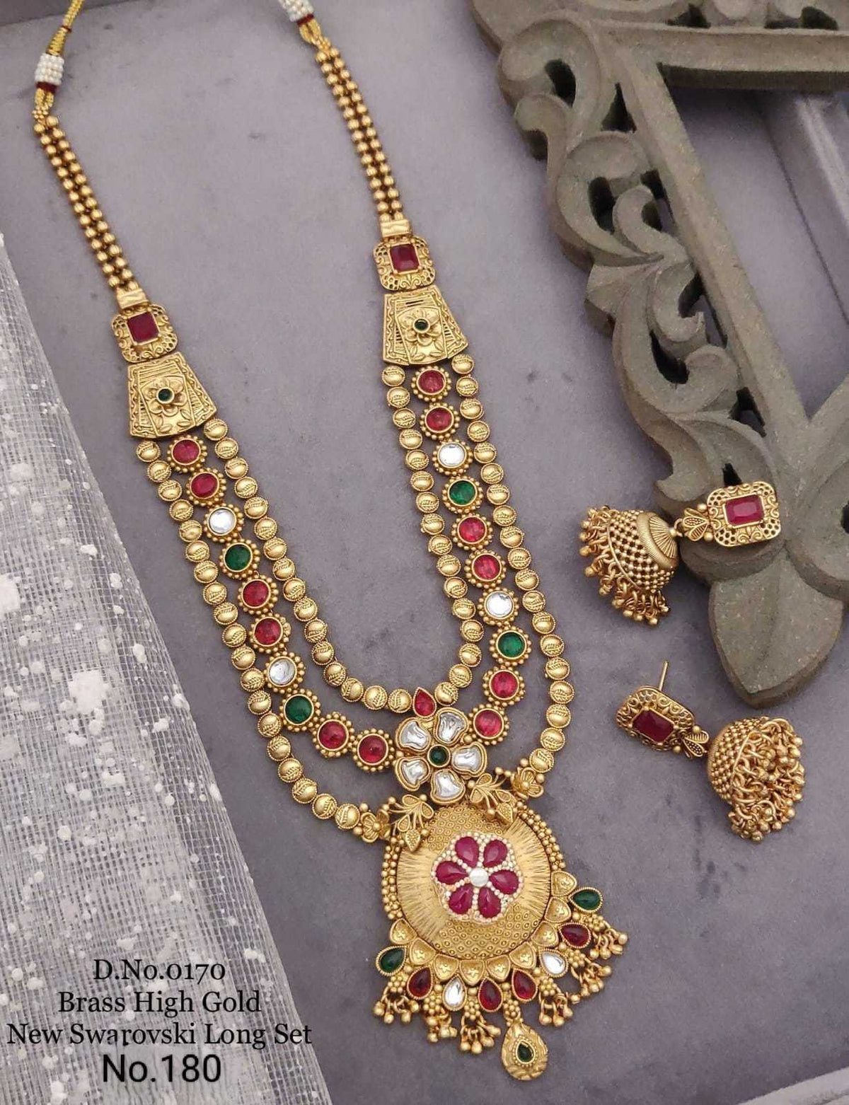 Two-Layer Ruby and Emerald Long Set with Jhumka Earrings