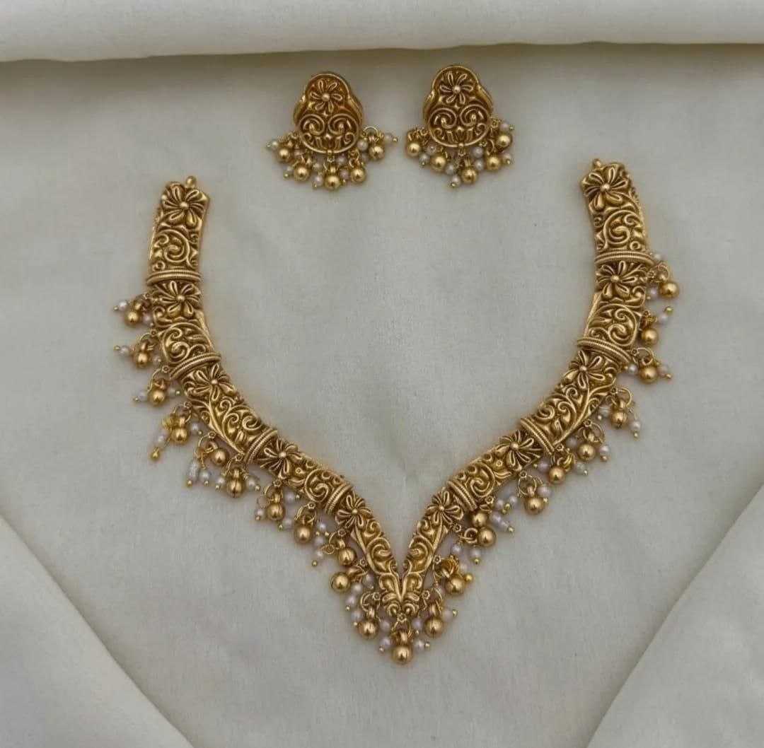 V Shape Temple Necklace Set with Bead Drops